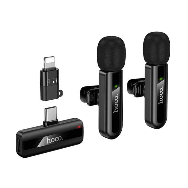 Hoco Dual Wireless Lapel Mic w USB C Connector + Lightning Adaptor, DSP Noise Cancellation