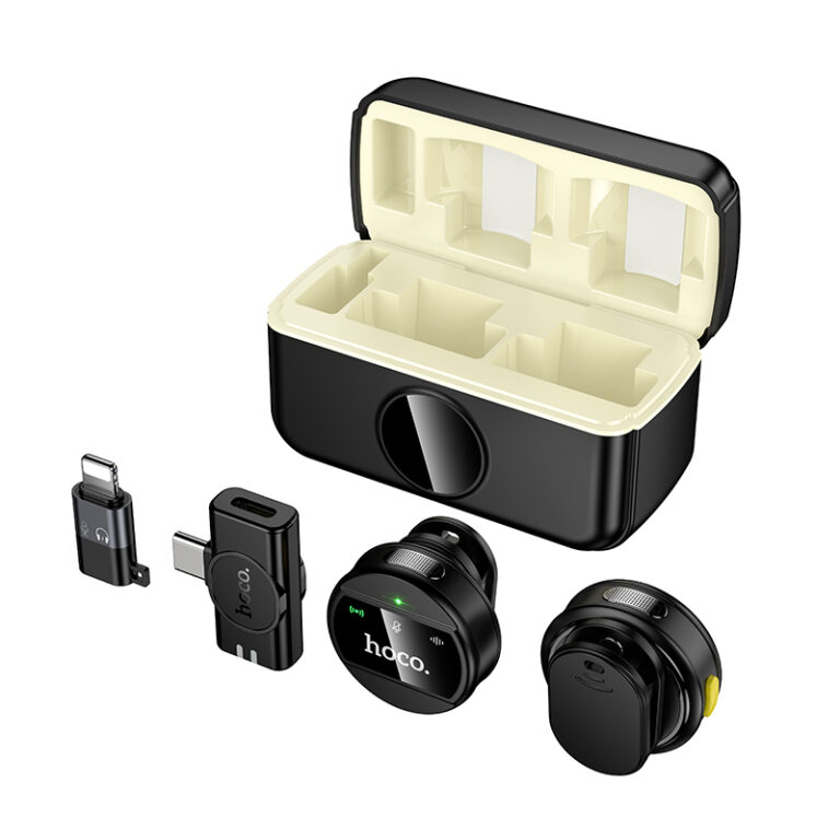 Hoco Dual Wireless Digital Microphone w/ USB C Connector + Lightning Adaptor, ENC Noise Cancellation, Magnetic Lapel