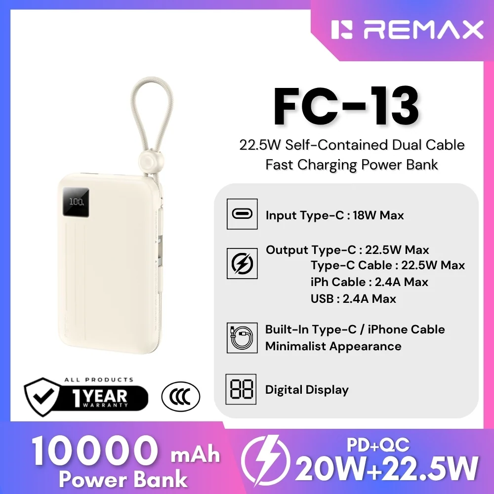 Remax 10000mAh 22.5W Dual Cable Power Bank Beige
