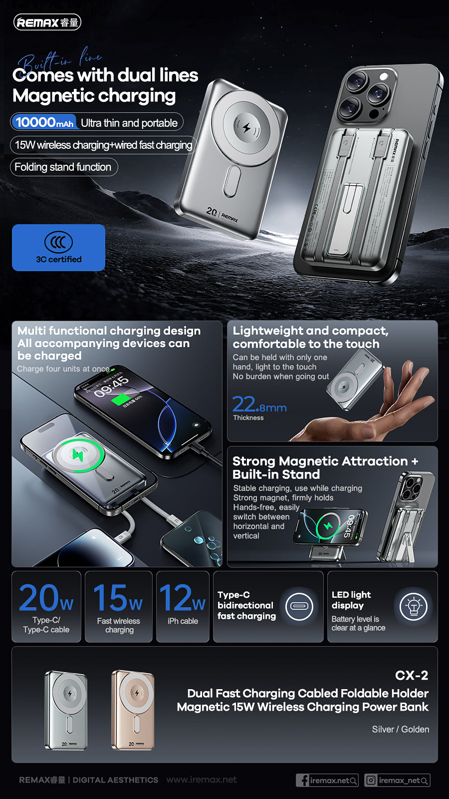 Remax CX-2 10000mAh 20W Magnetic Wireless Power Bank Silver